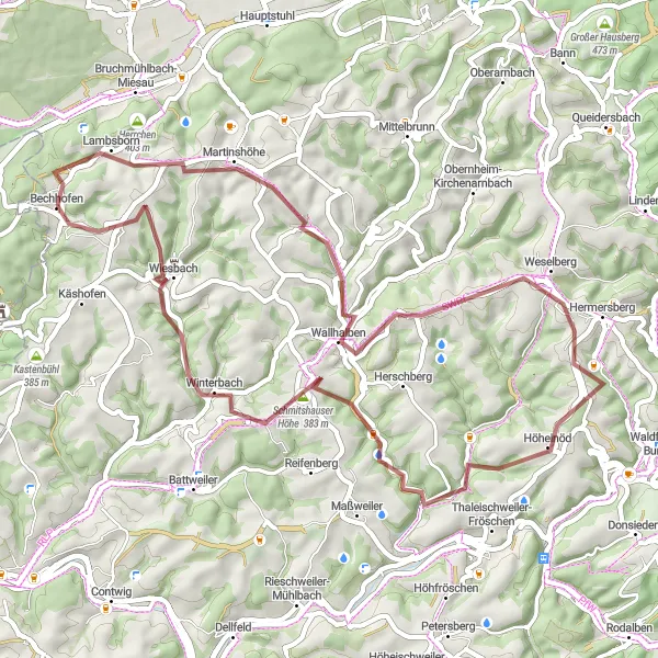 Map miniature of "Bechhofen to Martinshöhe Loop" cycling inspiration in Rheinhessen-Pfalz, Germany. Generated by Tarmacs.app cycling route planner