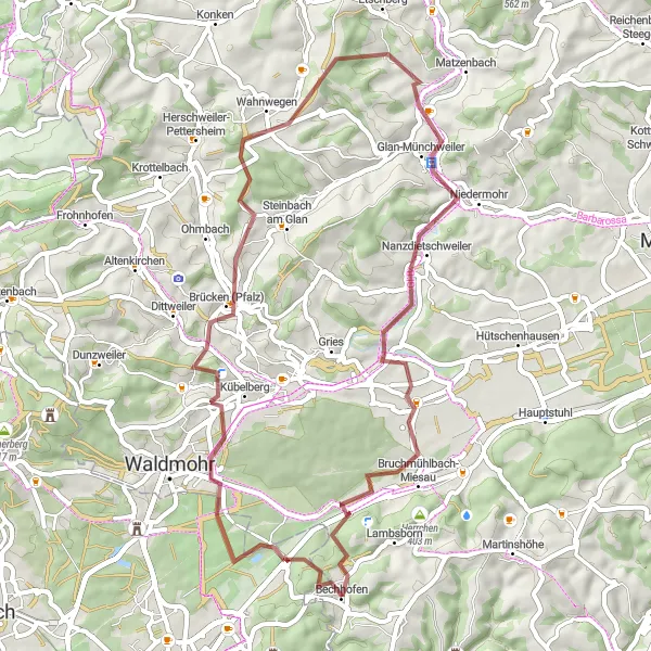 Map miniature of "Off the Beaten Path" cycling inspiration in Rheinhessen-Pfalz, Germany. Generated by Tarmacs.app cycling route planner