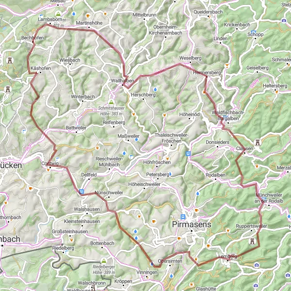 Map miniature of "Bechhofen to Waldfischbach-Burgalben Adventure" cycling inspiration in Rheinhessen-Pfalz, Germany. Generated by Tarmacs.app cycling route planner