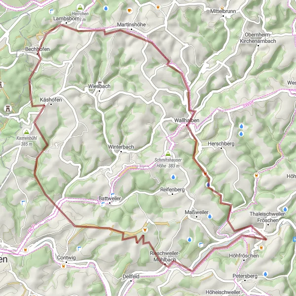 Map miniature of "Gravel Adventure" cycling inspiration in Rheinhessen-Pfalz, Germany. Generated by Tarmacs.app cycling route planner