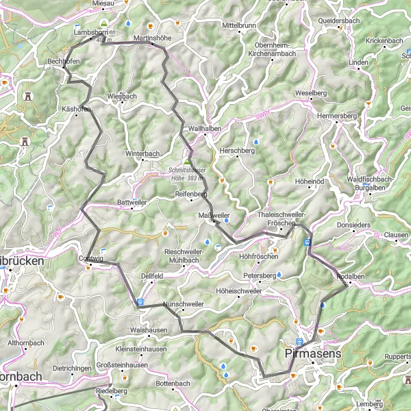 Map miniature of "Bechhofen to Großbundenbach Scenic Ride" cycling inspiration in Rheinhessen-Pfalz, Germany. Generated by Tarmacs.app cycling route planner