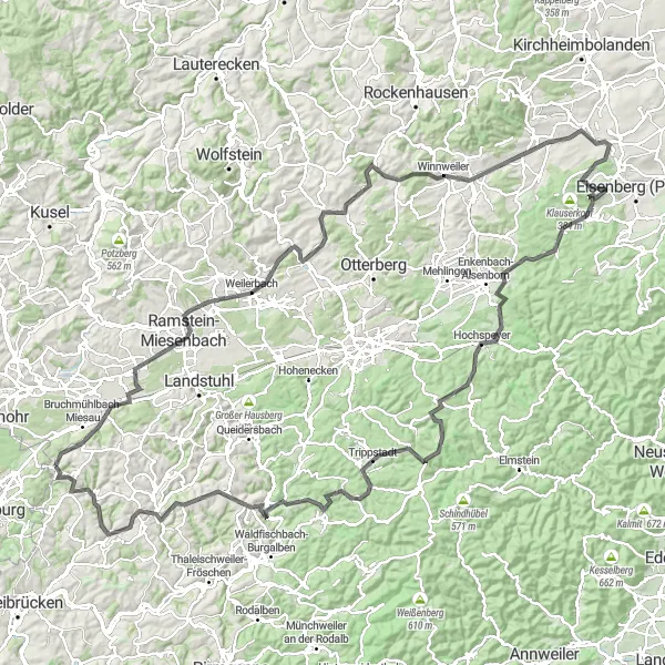 Map miniature of "Rheinhessen-Pfalz Cycling Adventure" cycling inspiration in Rheinhessen-Pfalz, Germany. Generated by Tarmacs.app cycling route planner