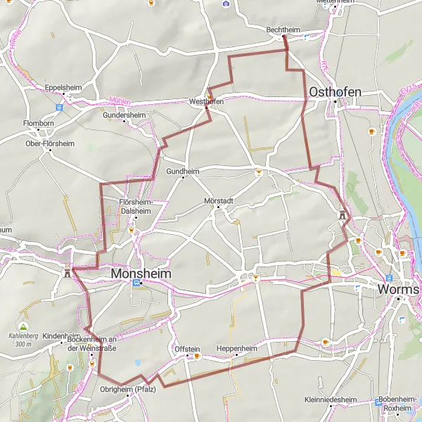 Map miniature of "Exploring Western Rheinhessen-Pfalz" cycling inspiration in Rheinhessen-Pfalz, Germany. Generated by Tarmacs.app cycling route planner