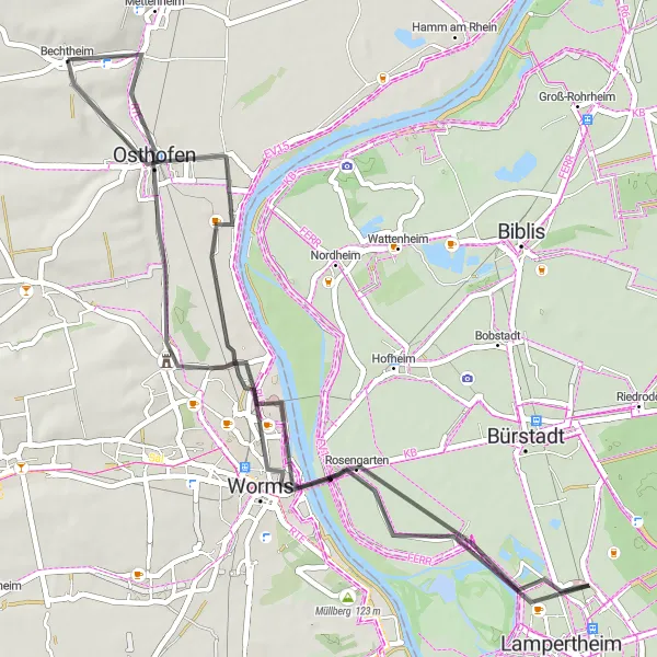 Map miniature of "Historical Vineyards Tour" cycling inspiration in Rheinhessen-Pfalz, Germany. Generated by Tarmacs.app cycling route planner