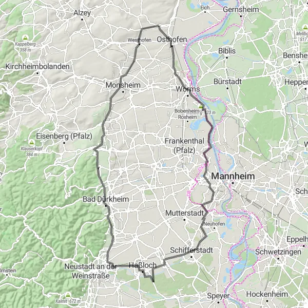 Map miniature of "Wine and Nature Expedition" cycling inspiration in Rheinhessen-Pfalz, Germany. Generated by Tarmacs.app cycling route planner