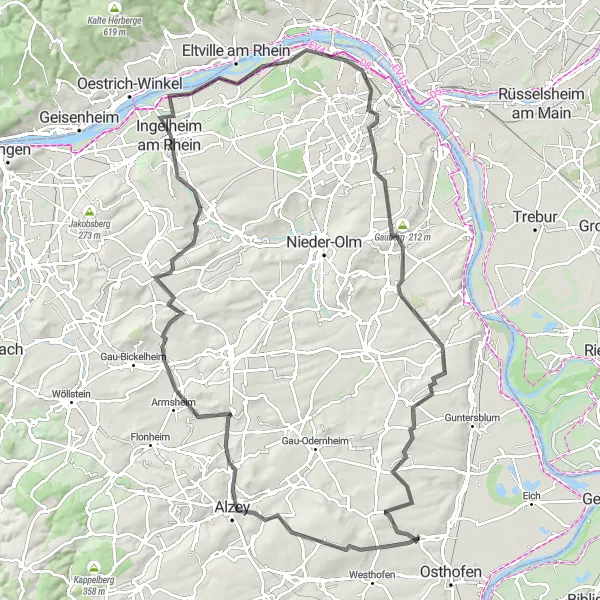 Map miniature of "Rheinhessen-Pfalz Road Tour" cycling inspiration in Rheinhessen-Pfalz, Germany. Generated by Tarmacs.app cycling route planner