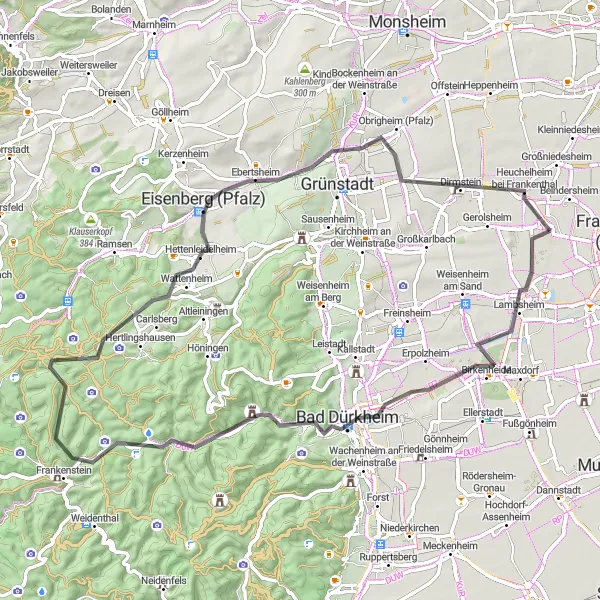 Karten-Miniaturansicht der Radinspiration "Weinberge und Burgen in Rheinhessen" in Rheinhessen-Pfalz, Germany. Erstellt vom Tarmacs.app-Routenplaner für Radtouren