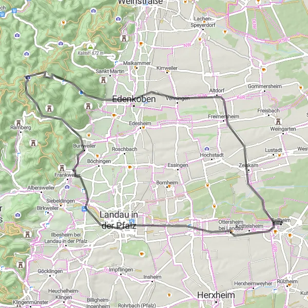 Map miniature of "Bellheim Vineyard Loop" cycling inspiration in Rheinhessen-Pfalz, Germany. Generated by Tarmacs.app cycling route planner