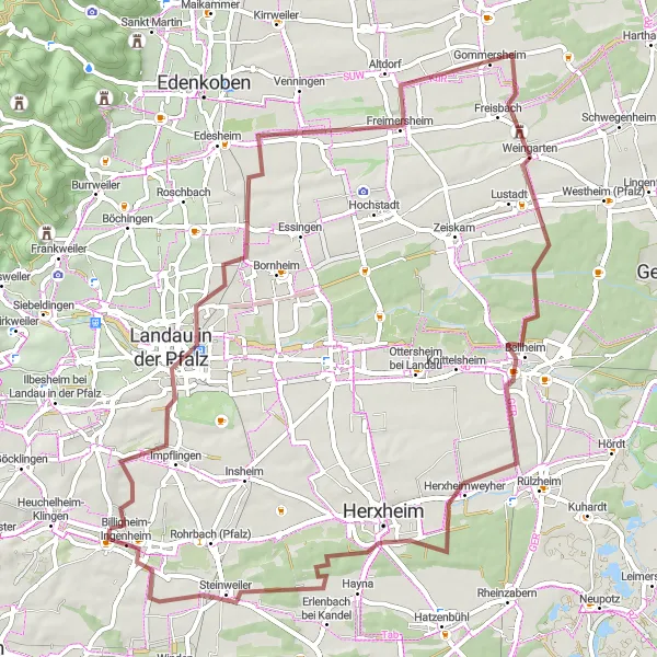Karten-Miniaturansicht der Radinspiration "Ungestörte Gravel-Tour durch die Pfälzer Natur" in Rheinhessen-Pfalz, Germany. Erstellt vom Tarmacs.app-Routenplaner für Radtouren