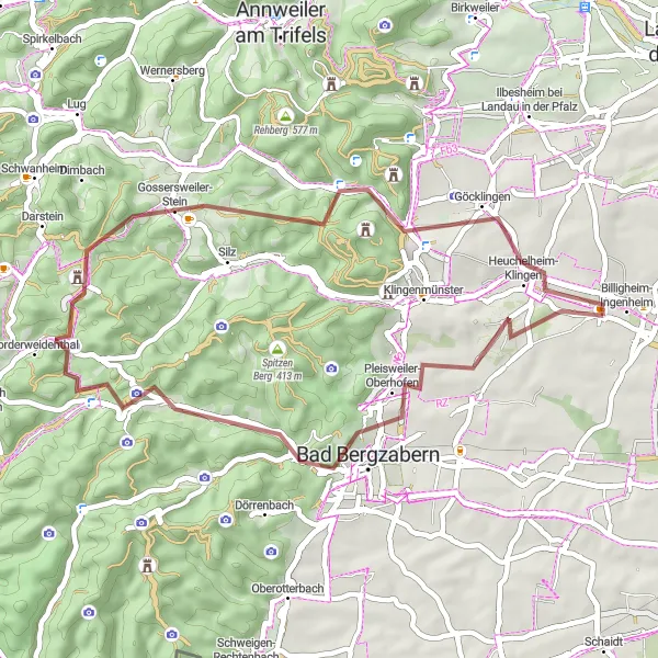 Map miniature of "Gravel Adventure - Legendary Climbs" cycling inspiration in Rheinhessen-Pfalz, Germany. Generated by Tarmacs.app cycling route planner