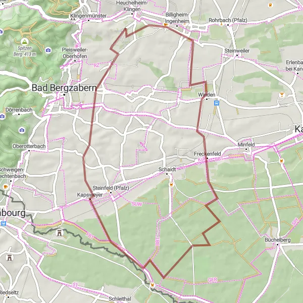 Map miniature of "The Gravel Adventure" cycling inspiration in Rheinhessen-Pfalz, Germany. Generated by Tarmacs.app cycling route planner