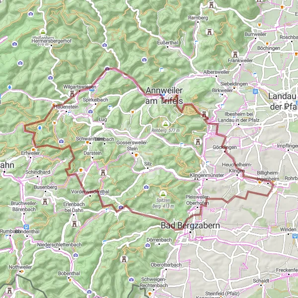 Map miniature of "The Challenging Gravel Loop" cycling inspiration in Rheinhessen-Pfalz, Germany. Generated by Tarmacs.app cycling route planner