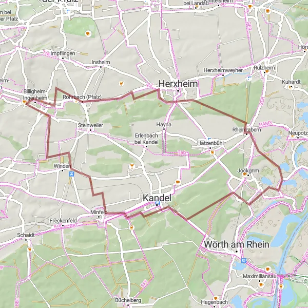 Map miniature of "The Coastal Gravel Ride" cycling inspiration in Rheinhessen-Pfalz, Germany. Generated by Tarmacs.app cycling route planner