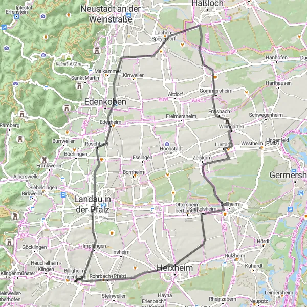 Map miniature of "EnergieSüdwest-Aussichtsturm Loop" cycling inspiration in Rheinhessen-Pfalz, Germany. Generated by Tarmacs.app cycling route planner