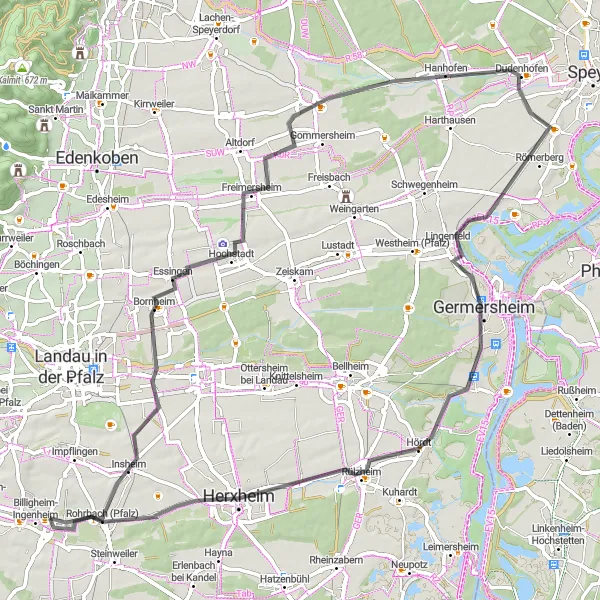 Map miniature of "Billigheim-Ingenheim Rundweg" cycling inspiration in Rheinhessen-Pfalz, Germany. Generated by Tarmacs.app cycling route planner