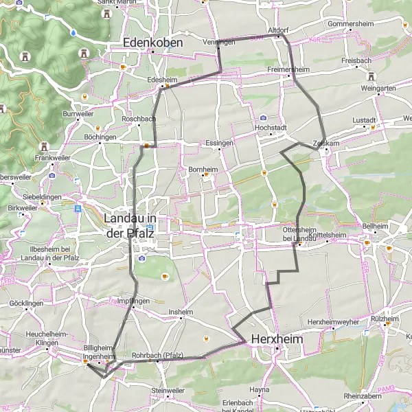 Map miniature of "The Palatine Hill Loop" cycling inspiration in Rheinhessen-Pfalz, Germany. Generated by Tarmacs.app cycling route planner