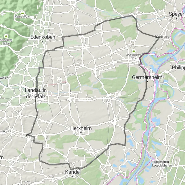 Map miniature of "The Palatinate Circuit" cycling inspiration in Rheinhessen-Pfalz, Germany. Generated by Tarmacs.app cycling route planner