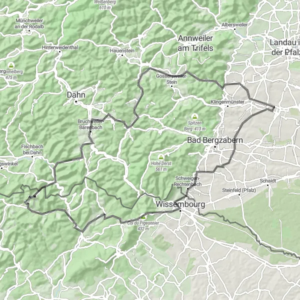 Karten-Miniaturansicht der Radinspiration "Herausfordernde Road-Tour durch die Pfalz" in Rheinhessen-Pfalz, Germany. Erstellt vom Tarmacs.app-Routenplaner für Radtouren