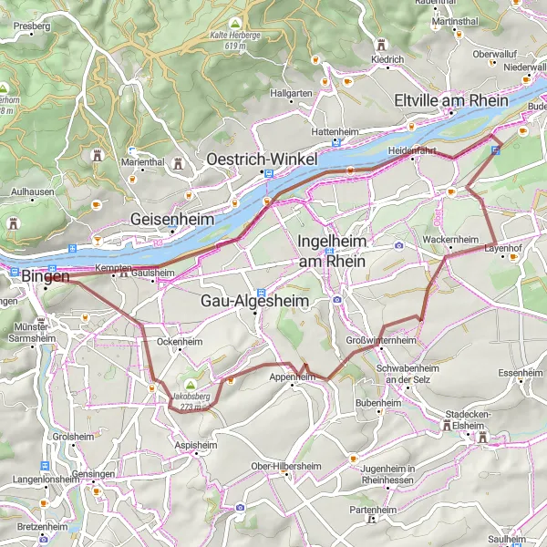 Map miniature of "Vineyards and Castles" cycling inspiration in Rheinhessen-Pfalz, Germany. Generated by Tarmacs.app cycling route planner