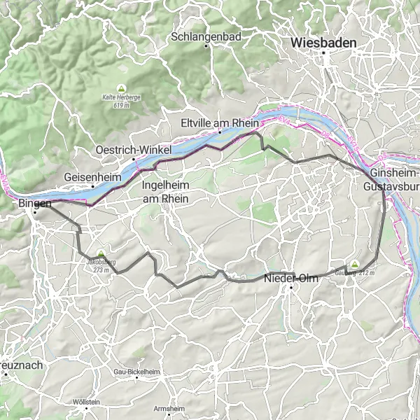Map miniature of "The Rhine Gateway" cycling inspiration in Rheinhessen-Pfalz, Germany. Generated by Tarmacs.app cycling route planner