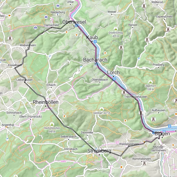 Map miniature of "The Castles of the Middle Rhine" cycling inspiration in Rheinhessen-Pfalz, Germany. Generated by Tarmacs.app cycling route planner