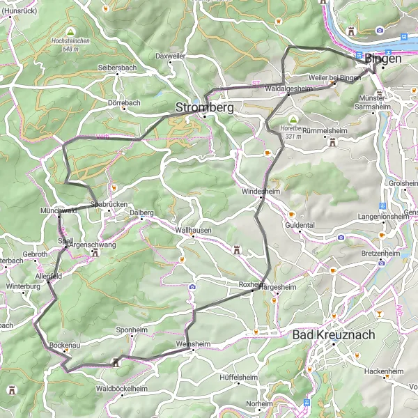 Map miniature of "Bergfried to Druidenberg" cycling inspiration in Rheinhessen-Pfalz, Germany. Generated by Tarmacs.app cycling route planner