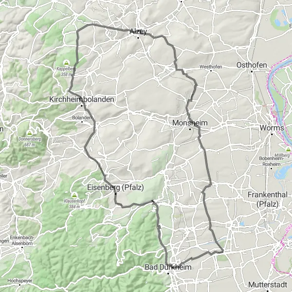 Map miniature of "HiSP Cycling Route" cycling inspiration in Rheinhessen-Pfalz, Germany. Generated by Tarmacs.app cycling route planner