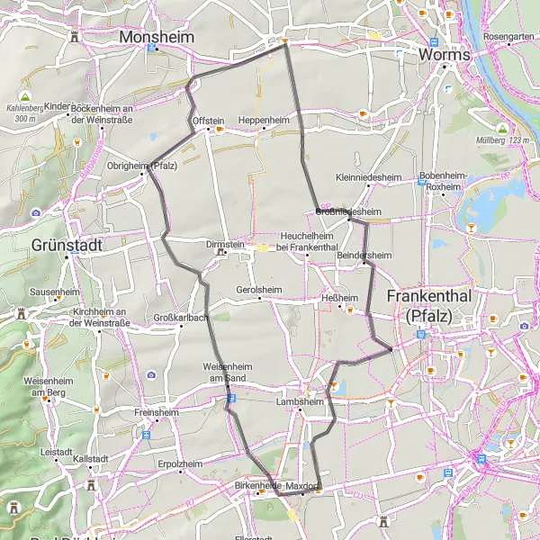 Map miniature of "Countryside Delight" cycling inspiration in Rheinhessen-Pfalz, Germany. Generated by Tarmacs.app cycling route planner