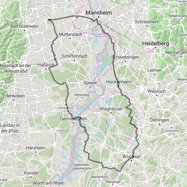 Map miniature of "Riverside Adventure Road" cycling inspiration in Rheinhessen-Pfalz, Germany. Generated by Tarmacs.app cycling route planner