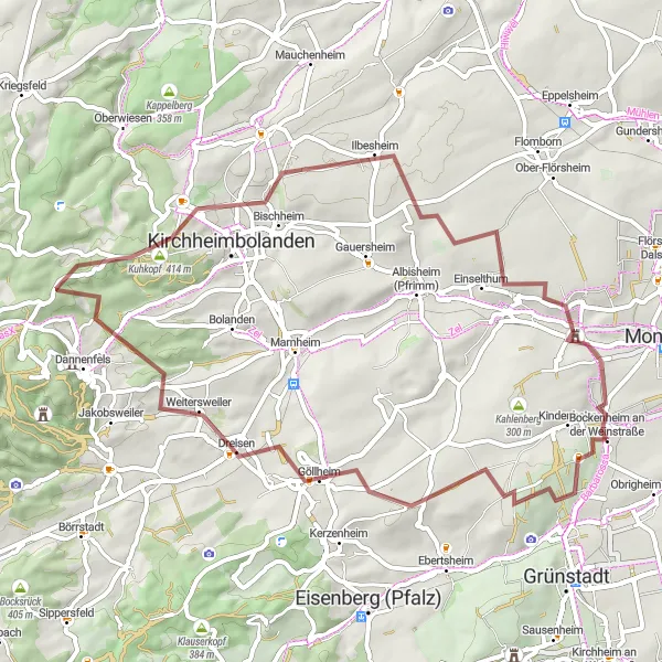 Map miniature of "Göllheim to Weinrast Aegidiuspark Gravel Cycling Route" cycling inspiration in Rheinhessen-Pfalz, Germany. Generated by Tarmacs.app cycling route planner