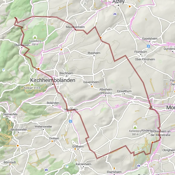 Map miniature of "Lautersheim to Bockenheim an der Weinstraße Gravel Cycling Route" cycling inspiration in Rheinhessen-Pfalz, Germany. Generated by Tarmacs.app cycling route planner