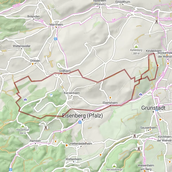 Map miniature of "Gravel Route to Göllheim and Eisenberg" cycling inspiration in Rheinhessen-Pfalz, Germany. Generated by Tarmacs.app cycling route planner