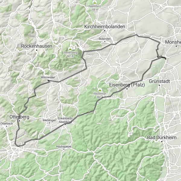 Map miniature of "Road Cycling Adventure: Bockenheim to Kaiserslautern" cycling inspiration in Rheinhessen-Pfalz, Germany. Generated by Tarmacs.app cycling route planner