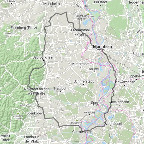 Map miniature of "Road Cycling Journey through Rheinhessen-Pfalz" cycling inspiration in Rheinhessen-Pfalz, Germany. Generated by Tarmacs.app cycling route planner