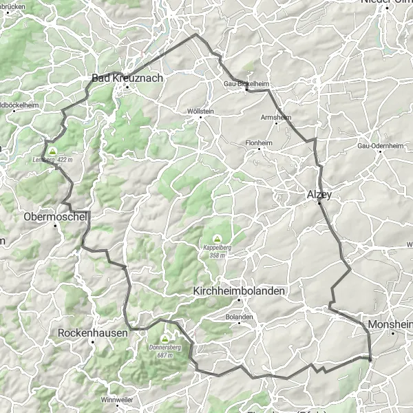 Karten-Miniaturansicht der Radinspiration "Berg und Tal Tour" in Rheinhessen-Pfalz, Germany. Erstellt vom Tarmacs.app-Routenplaner für Radtouren