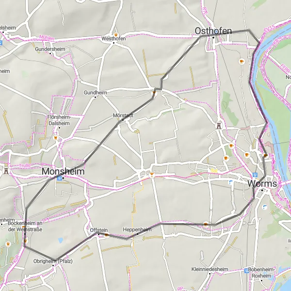 Map miniature of "Tour de Rheinhessen-Pfalz" cycling inspiration in Rheinhessen-Pfalz, Germany. Generated by Tarmacs.app cycling route planner