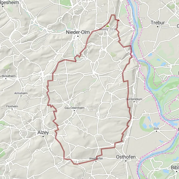 Karten-Miniaturansicht der Radinspiration "Hügelige Gravel-Tour um Bodenheim" in Rheinhessen-Pfalz, Germany. Erstellt vom Tarmacs.app-Routenplaner für Radtouren