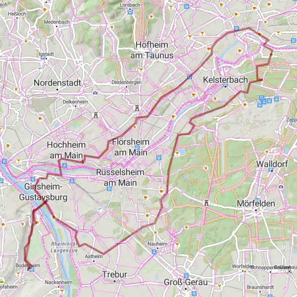 Map miniature of "Gravel Cycling Route from Bodenheim to Laubenheim" cycling inspiration in Rheinhessen-Pfalz, Germany. Generated by Tarmacs.app cycling route planner