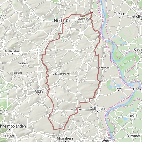 Map miniature of "Explore the Gravel Cycling Adventure from Bodenheim to Röther Berg" cycling inspiration in Rheinhessen-Pfalz, Germany. Generated by Tarmacs.app cycling route planner