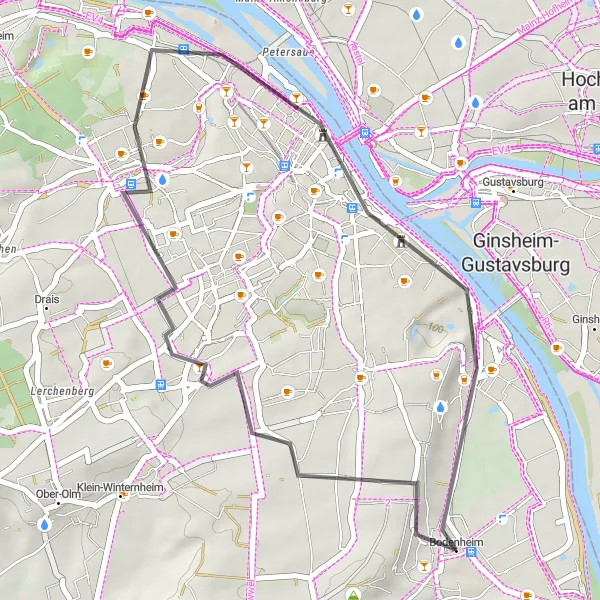 Map miniature of "Bodenheim Circuit" cycling inspiration in Rheinhessen-Pfalz, Germany. Generated by Tarmacs.app cycling route planner