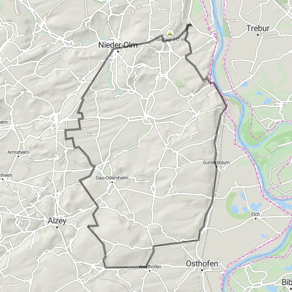 Map miniature of "Rheinhessen Adventure" cycling inspiration in Rheinhessen-Pfalz, Germany. Generated by Tarmacs.app cycling route planner