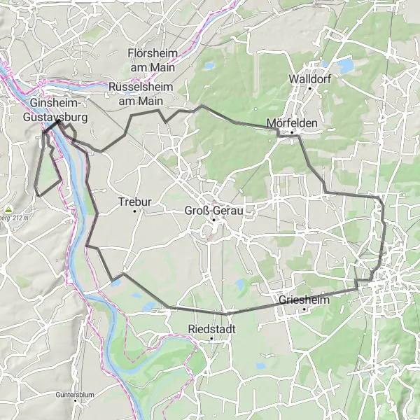 Map miniature of "Road Cycling Route from Bodenheim to Ginsheim-Gustavsburg" cycling inspiration in Rheinhessen-Pfalz, Germany. Generated by Tarmacs.app cycling route planner