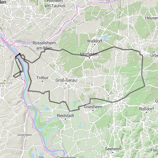 Map miniature of "Scenic Cycling Route from Bodenheim to Langen (Hessen)" cycling inspiration in Rheinhessen-Pfalz, Germany. Generated by Tarmacs.app cycling route planner