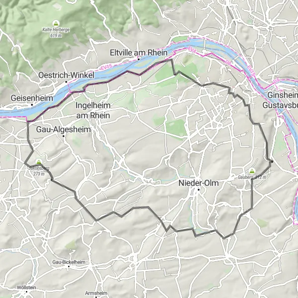 Map miniature of "Road Cycling Route from Bodenheim to Budenheim" cycling inspiration in Rheinhessen-Pfalz, Germany. Generated by Tarmacs.app cycling route planner