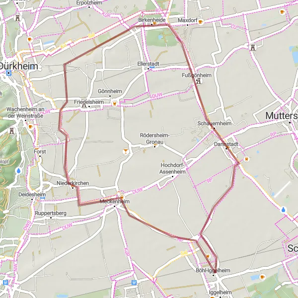 Map miniature of "Böhl-Iggelheim to Fußgönheim Gravel Route" cycling inspiration in Rheinhessen-Pfalz, Germany. Generated by Tarmacs.app cycling route planner