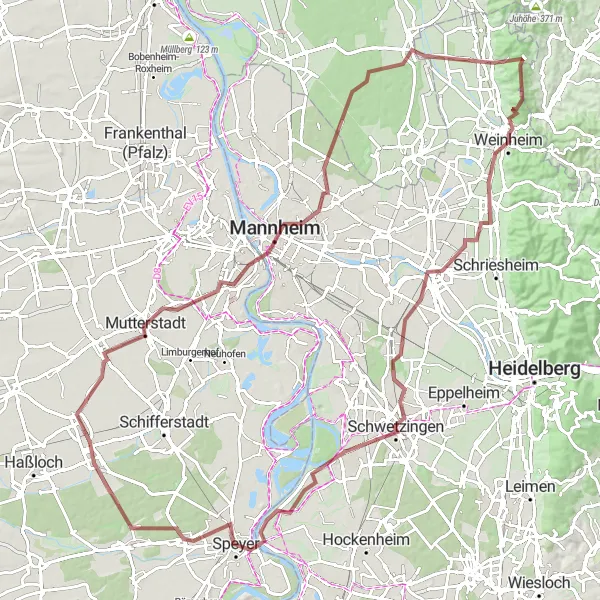 Map miniature of "Mutterstadt to Speyer Gravel Route" cycling inspiration in Rheinhessen-Pfalz, Germany. Generated by Tarmacs.app cycling route planner