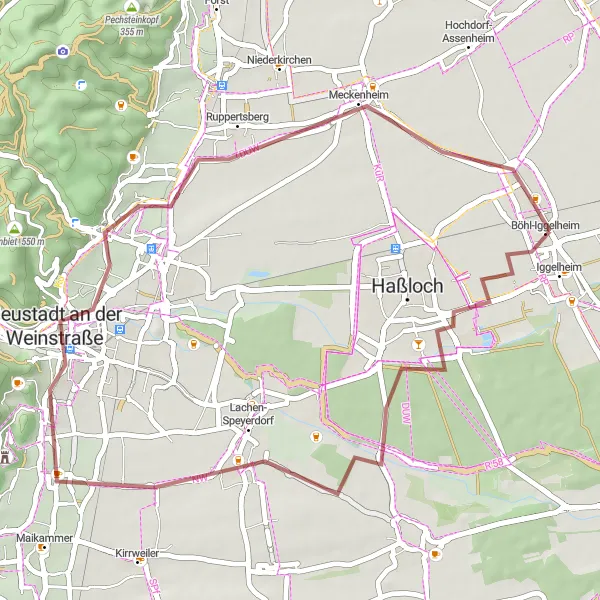 Map miniature of "Exploring Vineyard Gravel Roads: Böhl-Iggelheim to Ruppertsberg" cycling inspiration in Rheinhessen-Pfalz, Germany. Generated by Tarmacs.app cycling route planner
