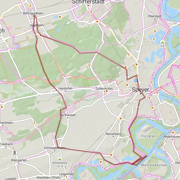 Map miniature of "Speyer and Schwegenheim Gravel Loop: History and Countryside" cycling inspiration in Rheinhessen-Pfalz, Germany. Generated by Tarmacs.app cycling route planner