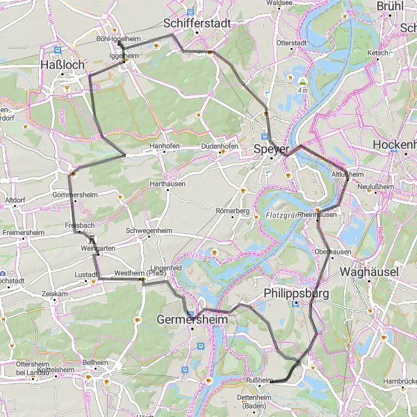 Map miniature of "Speyer Discovery: Exploring History and Nature by Road" cycling inspiration in Rheinhessen-Pfalz, Germany. Generated by Tarmacs.app cycling route planner
