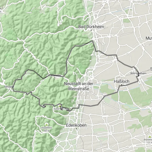 Map miniature of "The Kalmit Climbs: A Challenging Road Route from Böhl-Iggelheim" cycling inspiration in Rheinhessen-Pfalz, Germany. Generated by Tarmacs.app cycling route planner